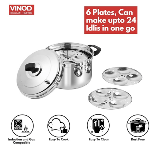 Vinod Classic Stainless Steel Idli Maker Cooker - 6 Deeper Plates (24 Idlis) / Idli Steamer / Idly Stand / Plump Fluffy Idlies / SAS Bottom / Induction & Gas Base - 2 Year Warranty - Image 2